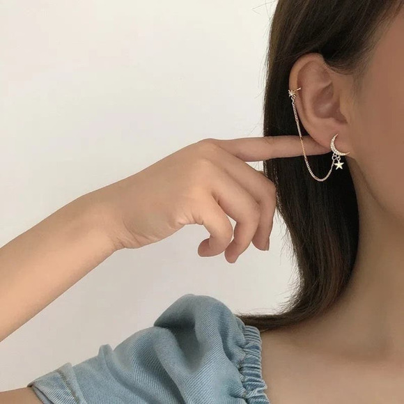 Boho Golden Crescent Moon and Stars Dreamer Cuff Chain Earrings Gold A0128 - Picture 12 of 12